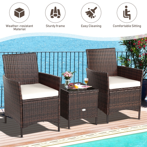 Costway 3PCS Patio Rattan Furniture Set Cushioned Sofa Glass Tabletop Deck