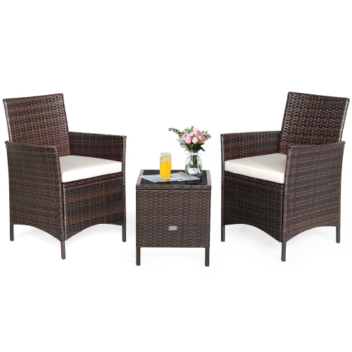 Costway 3PCS Patio Rattan Furniture Set Cushioned Sofa Glass Tabletop Deck