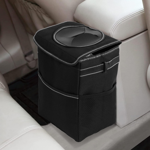 Automotive Garbage Can, Waterproof Car Trash Can with Lid & Side Pockets, Black for all cars, trucks, RVs, and SUVs- LIVINGbasics®