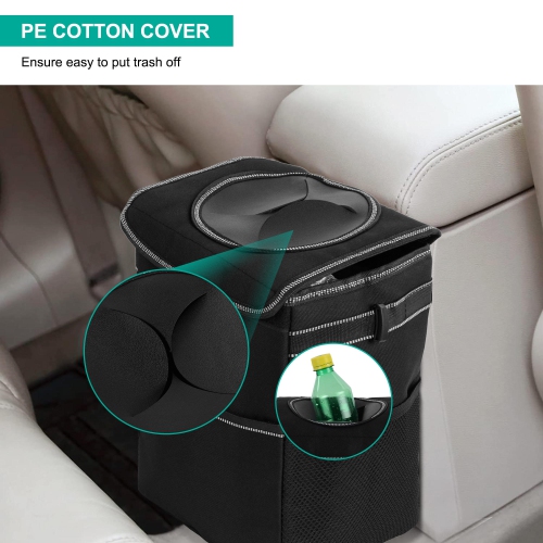Automotive Garbage Can, Waterproof Car Trash Can with Lid & Side Pockets, Black for all cars, trucks, RVs, and SUVs- LIVINGbasics®