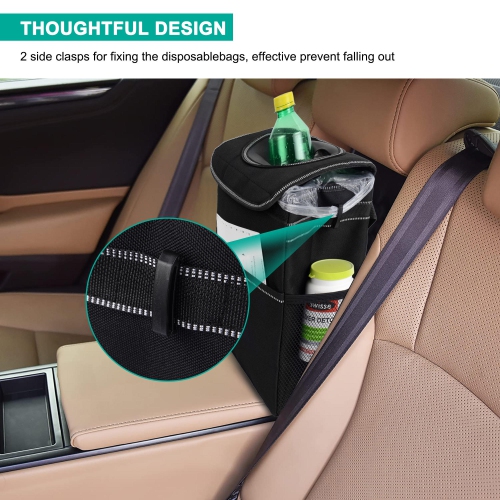 Automotive Garbage Can, Waterproof Car Trash Can with Lid & Side Pockets, Black for all cars, trucks, RVs, and SUVs- LIVINGbasics®