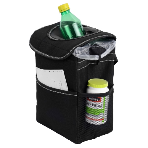 Automotive Garbage Can, Waterproof Car Trash Can with Lid & Side Pockets, Black for all cars, trucks, RVs, and SUVs- LIVINGbasics®