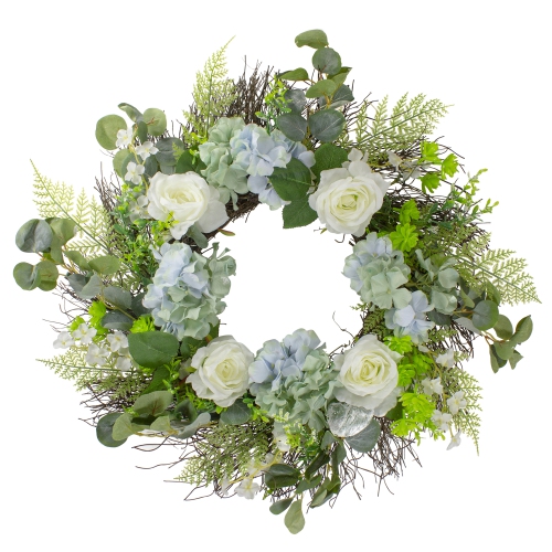 Hydrangea, Rose and Geranium Artificial Floral Spring Wreath, White and Blue - 24-Inch