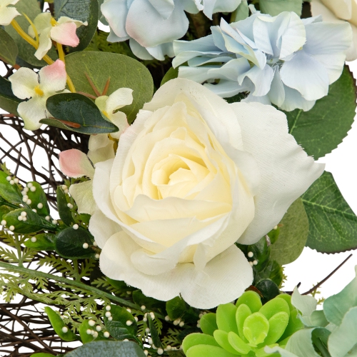 Hydrangea, Rose and Geranium Artificial Floral Spring Wreath, White and Blue - 24-Inch