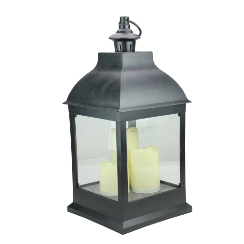 20" Large Black Candle Lantern with 3 Flameless LED Candles