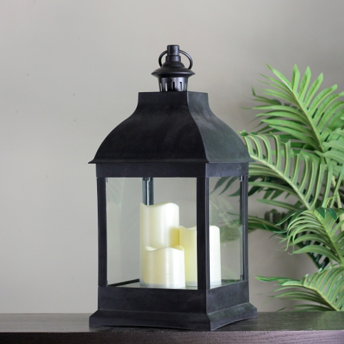 20" Large Black Candle Lantern with 3 Flameless LED Candles