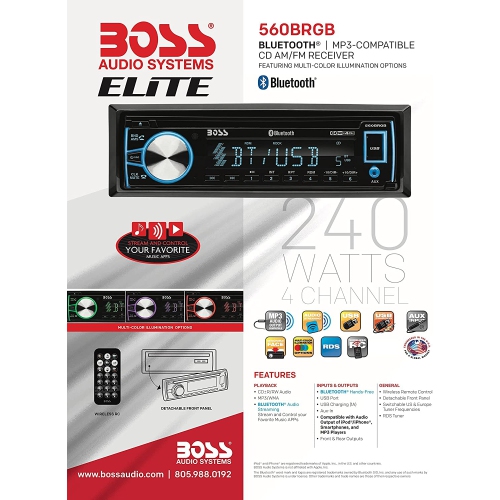 Boss 560BRGB récepteur multimédia simple DIN avec Bluetooth