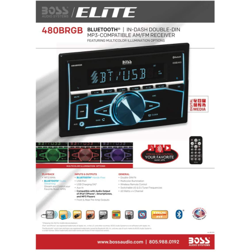 BOSS Audio Elite 480BRGB double DIN, Bluetooth, récepteur AM/FM MP3 USB, éclairage RVB multicolore, télécommande sans fil