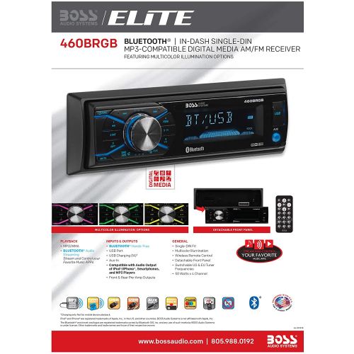 BOSS Audio Systems 460BRGB Multimedia Car Stereo - Single Din, MP3, USB Port, no CD DVD Player, AUX Input, AM FM Radio Receiver