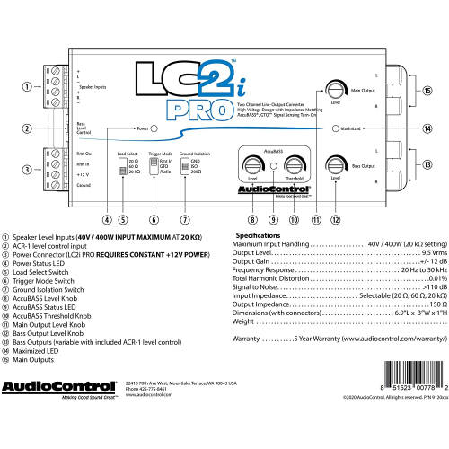 AudioControl LC2i PRO 2-Channel Line Output Converter with Impedance Matching, AccuBASS, GTO, Audio Signal Sense, 12V Turn-On and ACR-1 Dash Remote