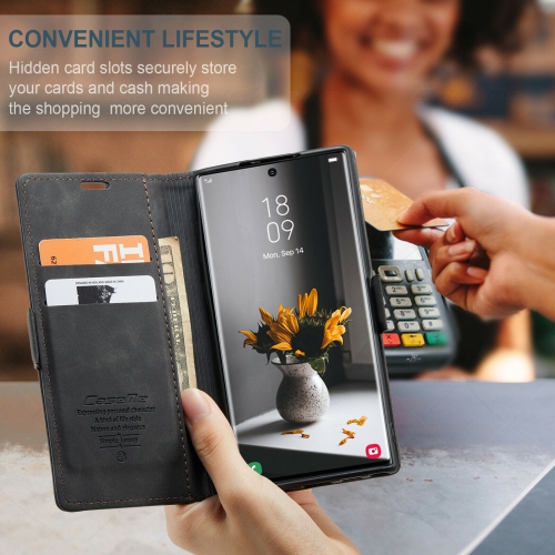 CASEME Retro Handmade Leather Wallet Case with Card Slot & Magnetic Closure for Samsung Galaxy S22 Ultra - Black