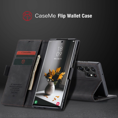 CASEME Retro Handmade Leather Wallet Case with Card Slot & Magnetic Closure for Samsung Galaxy S22 Ultra - Black