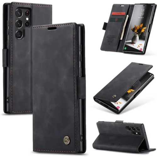CASEME Retro Handmade Leather Wallet Case with Card Slot & Magnetic Closure for Samsung Galaxy S22 Ultra - Black