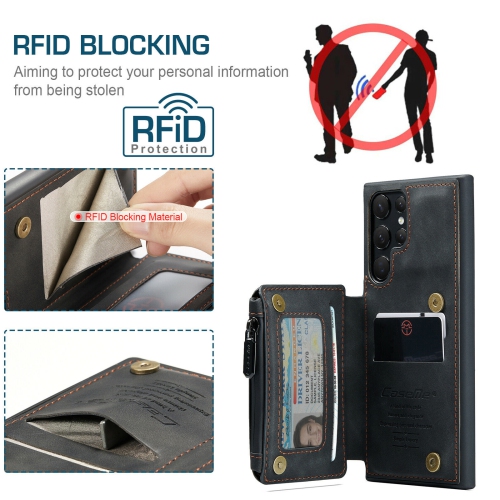 CaseMe Back case Card Slot Retro Matte Synthetic Leather Wallet Zipper Stand Cover for Samsung Galaxy S22 Ultra - Free Shipping