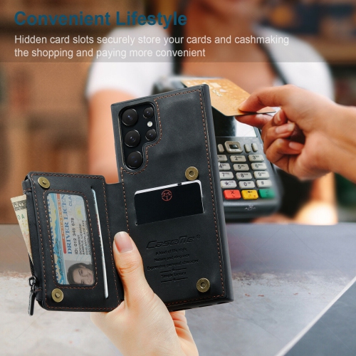 CaseMe Back case Card Slot Retro Matte Synthetic Leather Wallet Zipper Stand Cover for Samsung Galaxy S22 Ultra - Free Shipping