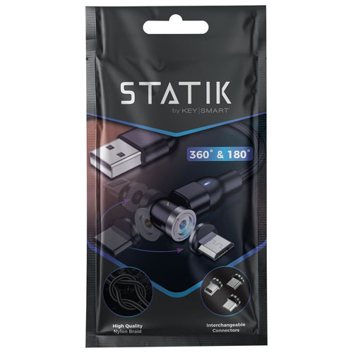 Câble d'alimentation rotatif Statik 360 de KeySmart avec connecteurs Lightning/USB-C/microUSB