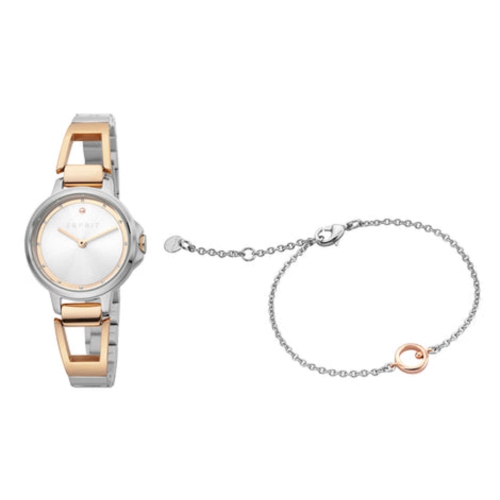 Brace – montre 2 aiguilles 5 ATM 28 mm pour femmes en inox deux tons/lunette rose doré avec breloque d’esprit - Argenté