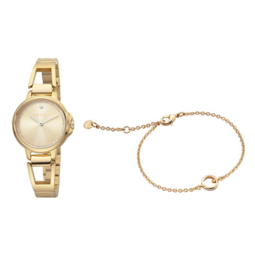 Esprit 2 hands 5ATM 28mm Women's Stainless Steel Gold Plated Brace Watch with Charm - Champagne