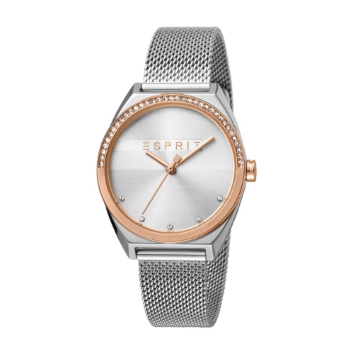 Esprit 3 Hands 3ATM 34mm Women's Stainless Steel Mesh Rosegold Plated Bezel Slice Glam Watch - Silver/Rosegold