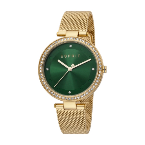 Esprit 3 hands 3ATM 36mm Women's Stainless Steel Mesh Gold Plated Breezy Stones Watch - Gold/Dark Green