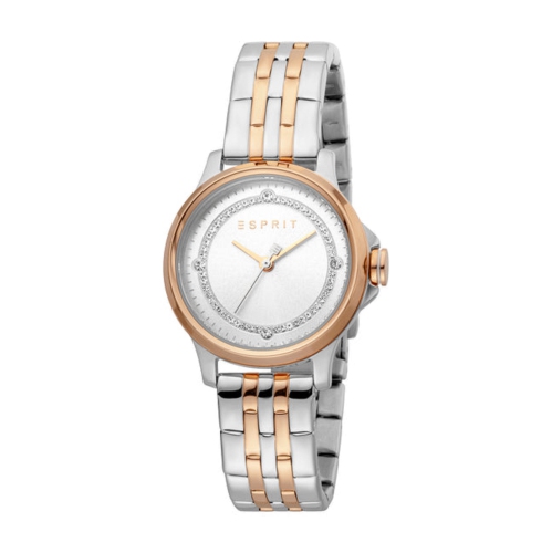 Esprit 3 hands 5ATM 30mm Women's Stainless Steel Two-Tone Rosegold Plated Bezel Bent Watch - Silver