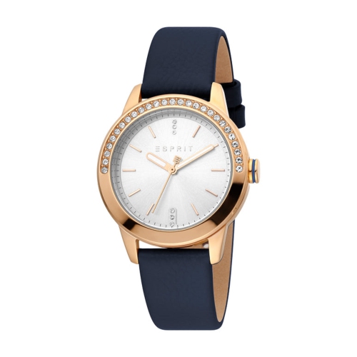 Montre Vic acier inox. 34 mm pour femmes 5 ATM 3 aiguilles -cuir bleu foncé/Rose doré/Argenté