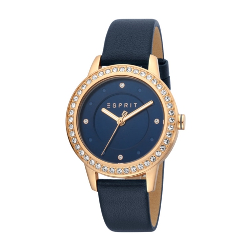 Esprit 3 Hands 5ATM 36mm Women's Stainless Steel Rosegold Plated Harmony Watch - Dark Blue Leather/Rosegold