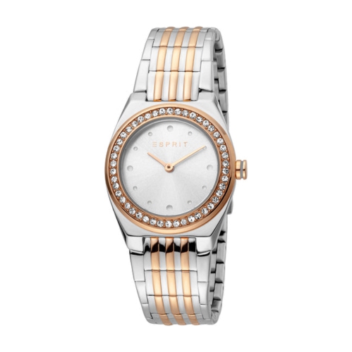 Montre 2 aiguilles 3ATM 30 mm pour femmes en inox avec lunette rose doré et deux tons esprit - Argenté/Rose doré