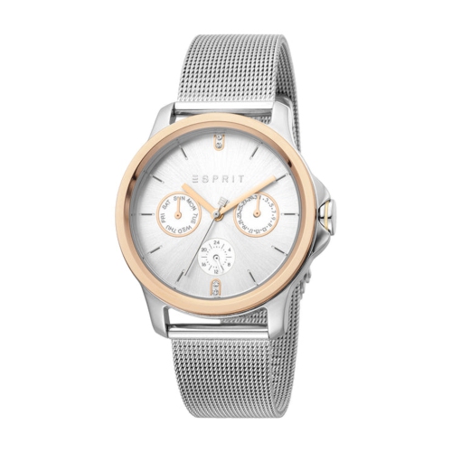 Montre multifonction de 36 mm pour femmes en inox. Avec lunette rose doré et filet 5 ATM d’esprit - Argenté/Rose doré