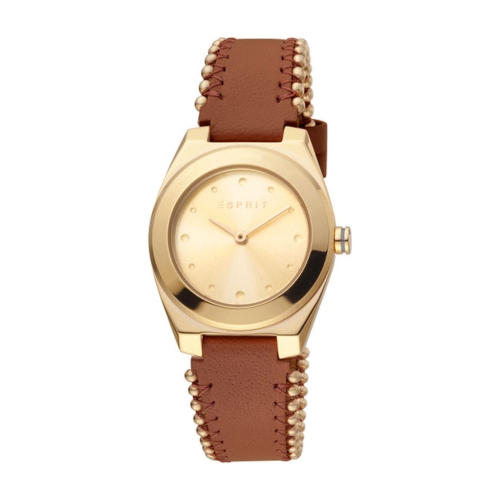 Montre 2 aiguilles 3 ATM 30 mm en acier inoxydable plaqué or pour femmes de esprit - cuir brun/champagne