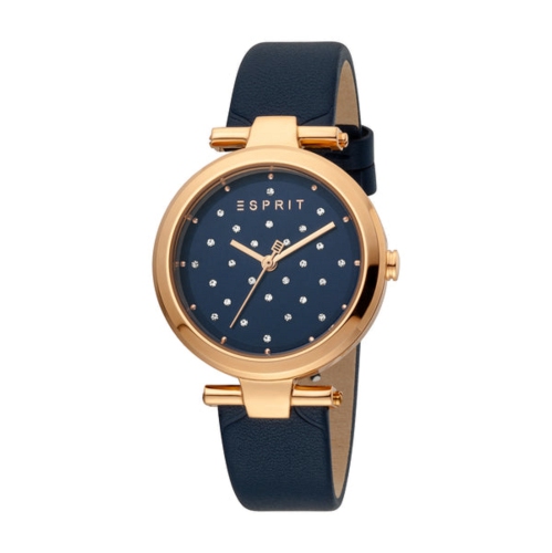 Montre en inox. À pois fins rose doré 3 aiguilles 5ATM 34 mm pour femmes esprit - cuir bleu foncé/rose doré