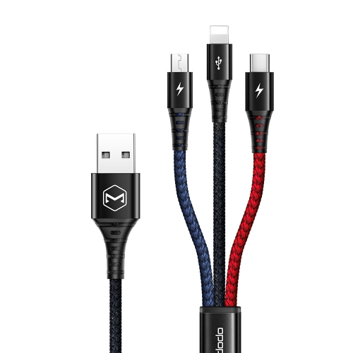 3 IN 1 Mcdodo Multi-Charging Cable Lightning+Micro USB+Type-C Ports Nylon Braided Universal Multiple USB LED Charging Cord Adapter Compatible with Ce