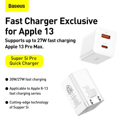 USB C Charger, Baseus 30W 2 Port SuperSi Fast Charger with Foldable Plug for iPad Pro/Air/Mini, iPhone 13/13 Mini/13 Pro/13 Pro Max/12/SE/11/XR/XS,