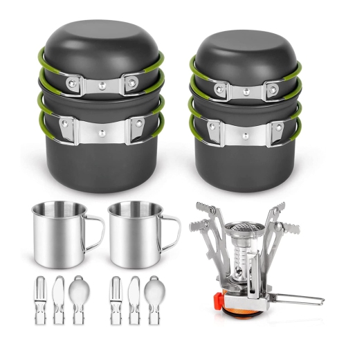 NIERBO  16PCs Camping Cookware Mess Kit, Lightweight Pot Pan Mini Stove w 2 Cups, Fork Spoon Kits for Backpacking, Outdoor Camping Hiking And Picnic