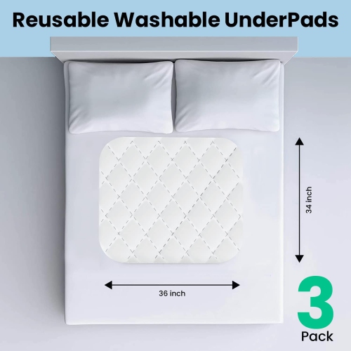 HYGIENX Deluxe Waterproof Sheet Protector 34”x36” 3 Pack Protection Soaker Bed Pads Reusable Incontinence UnderPads for Adults Kids Pets Seniors