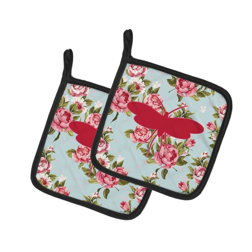 CAROLINE'S TREASURES  Bb1058-Rs-Bu-Pthd Moth Shabby Chic Roses Bb1058 Pair Of Pot Holders, 7.5Hx7.5W, Multicolor In Blue