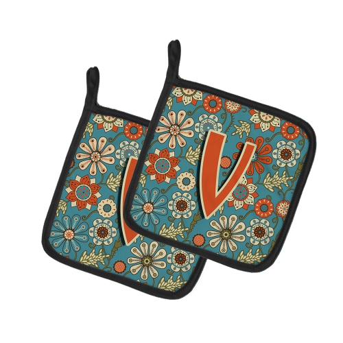 Caroline's Treasures CJ2012-VPTHD Letter V Flowers Retro Blue Pair of Pot Holders, 7.5HX7.5W, multicolor