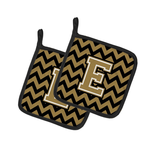 Caroline's Treasures CJ1050-EPTHD Letter E Chevron Black and Gold Pair of Pot Holders, 7.5HX7.5W, multicolor