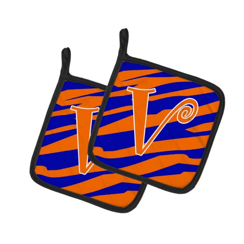 Caroline's Treasures CJ1036-VPTHD Letter V Initial Tiger Stripe Blue and Orange Pair of Pot Holders, 7.5HX7.5W, multicolor