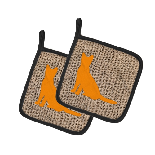 Caroline's Treasures BB1071-BL-OR-PTHD Cat Burlap and Orange BB1071 Pair of Pot Holders, 7.5HX7.5W, multicolor