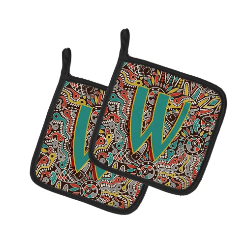 Caroline's Treasures CJ2013-WPTHD Letter W Retro Tribal Alphabet Initial Pair of Pot Holders, 7.5HX7.5W, multicolor