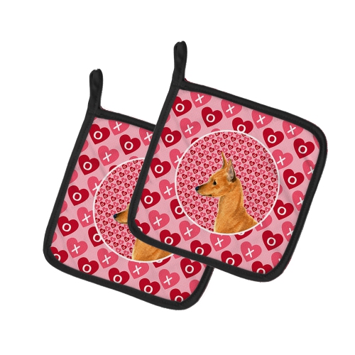 Caroline's Treasures SS4466PTHD Min Pin Hearts Love and Valentine's Day Portrait Pair of Pot Holders, 7.5HX7.5W, multicolor