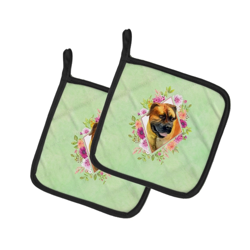 Caroline's Treasures CK4281PTHD Borboel Mastiff Green Flowers Pair of Pot Holders, 7.5HX7.5W, multicolor