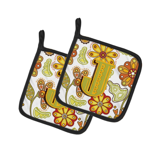 Caroline's Treasures CJ2003-JPTHD Letter J Floral Mustard and Green Pair of Pot Holders, 7.5HX7.5W, multicolor