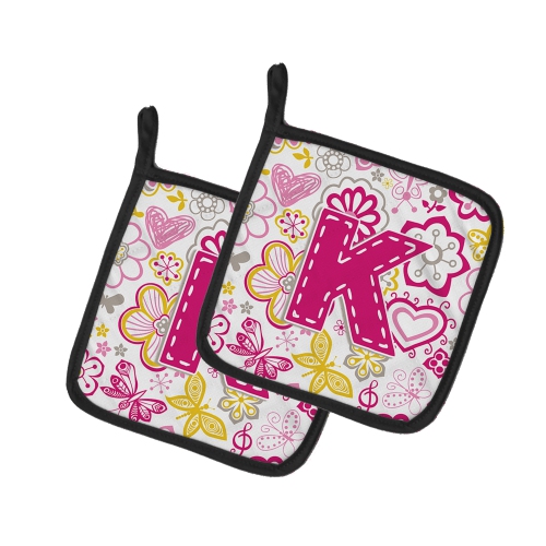 Caroline's Treasures CJ2005-KPTHD Letter K Flowers and Butterflies Pink Pair of Pot Holders, 7.5HX7.5W, multicolor