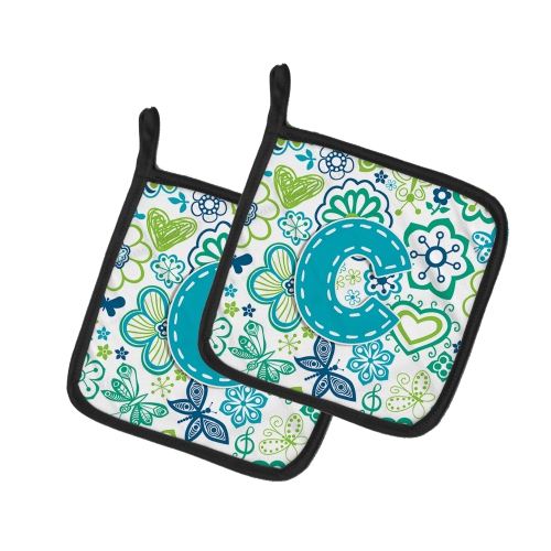 Caroline's Treasures CJ2006-CPTHD Letter C Flowers and Butterflies Teal Blue Pair of Pot Holders, 7.5HX7.5W, multicolor