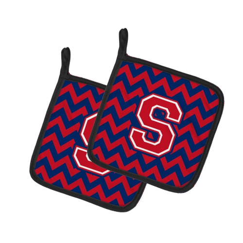 Caroline's Treasures CJ1054-SPTHD Letter S Chevron Yale Blue and Crimson Pair of Pot Holders, 7.5HX7.5W, multicolor