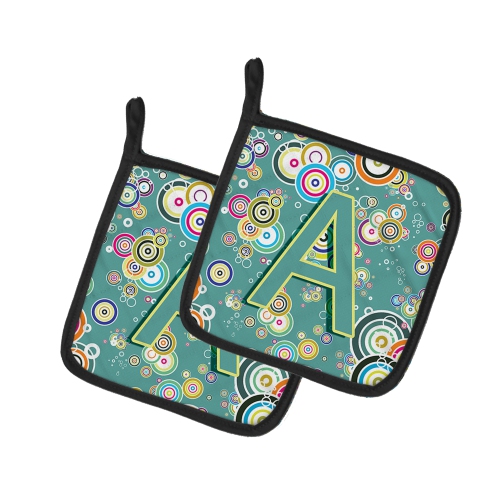 Caroline's Treasures CJ2015-APTHD Letter A Circle Circle Teal Initial Alphabet Pair of Pot Holders, 7.5HX7.5W, multicolor