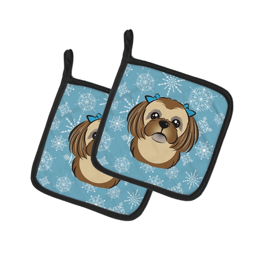 Caroline's Treasures BB1683PTHD Snowflake Chocolate Brown Shih Tzu Pair of Pot Holders, 7.5HX7.5W, multicolor