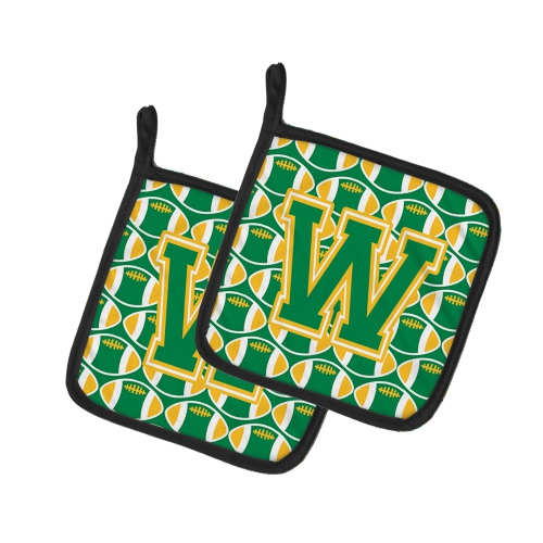 Caroline's Treasures CJ1069-WPTHD Letter W Football Green and Gold Pair of Pot Holders, 7.5HX7.5W, multicolor